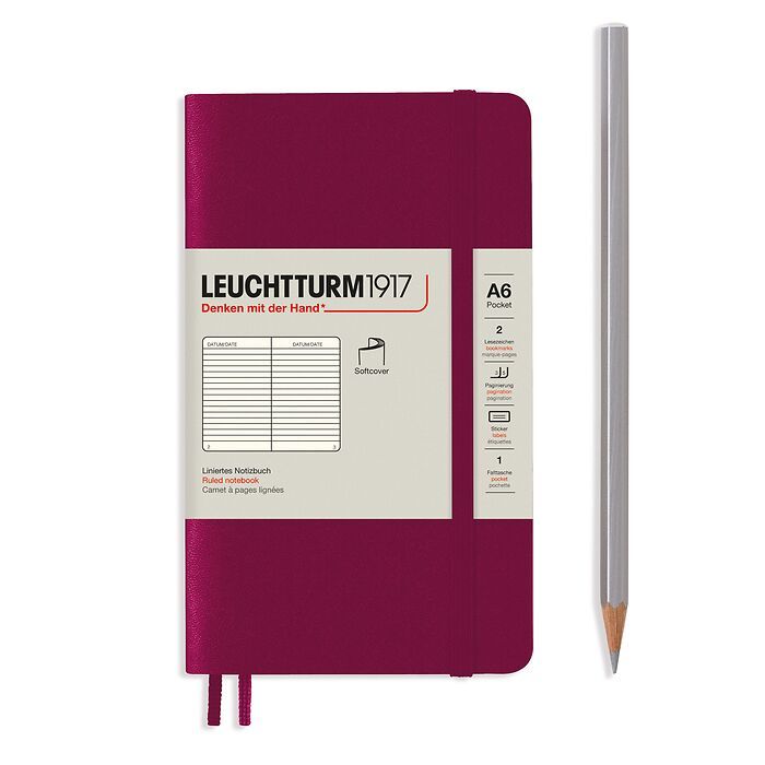 Notebook Pocket (A6), Softcover, 123 numbered pages, Port Red,  ruled
