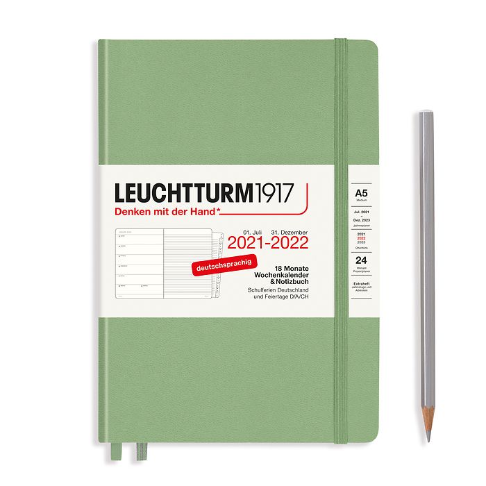 Weekly Planner & Notebook Medium (A5) 2022, with booklet, 18 Months, Sage, German