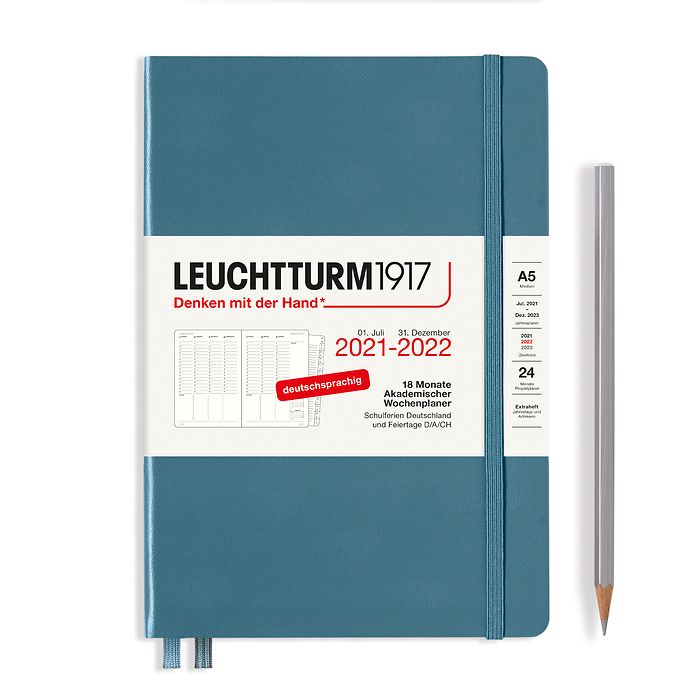 Academic Week Planner Medium (A5) 2022, with booklet, 18 Months, Stone Blue, German