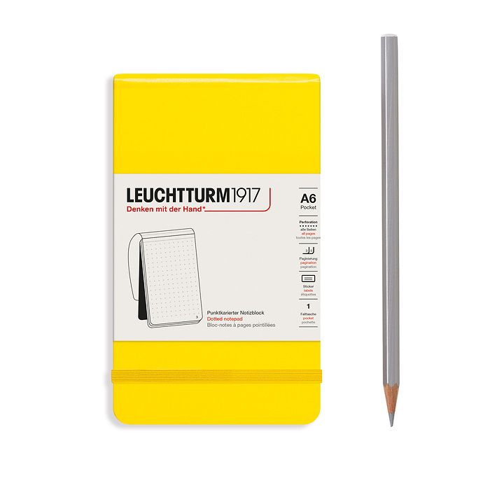 Notepad Pocket (A6), Hardcover, 184 numbered pages, lemon, doted