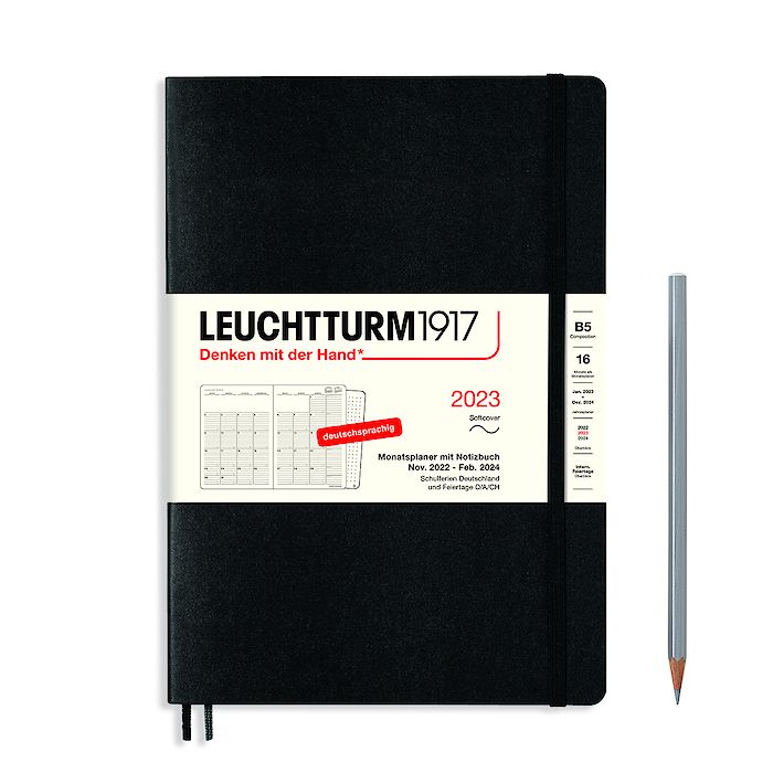 Monthly Planner & Notebook Composition (B5) 2023, 16 Months, Softcover, Black, German