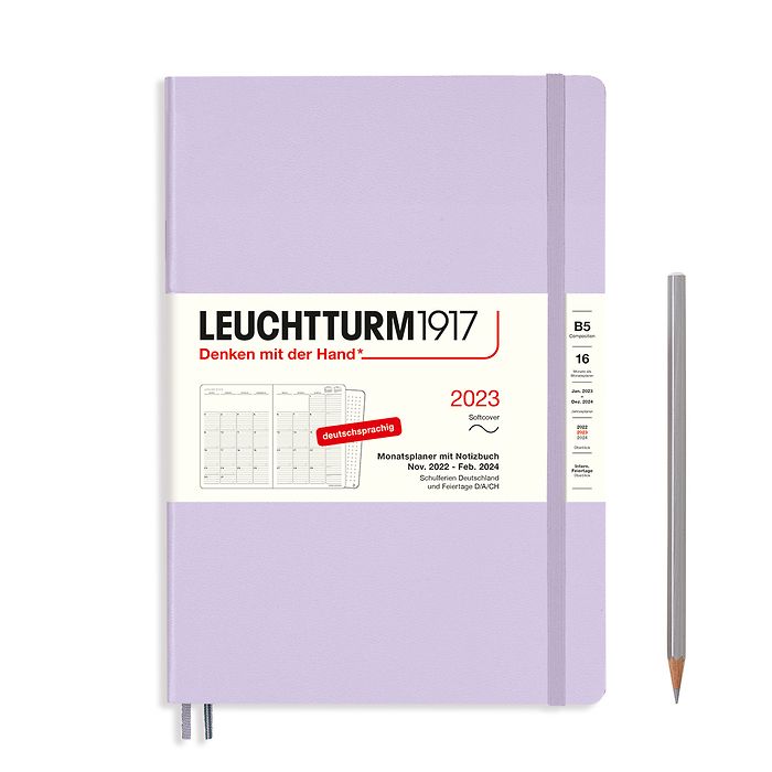 Monthly Planner & Notebook Composition (B5) 2023, 16 Months, Softcover, Lilac, German