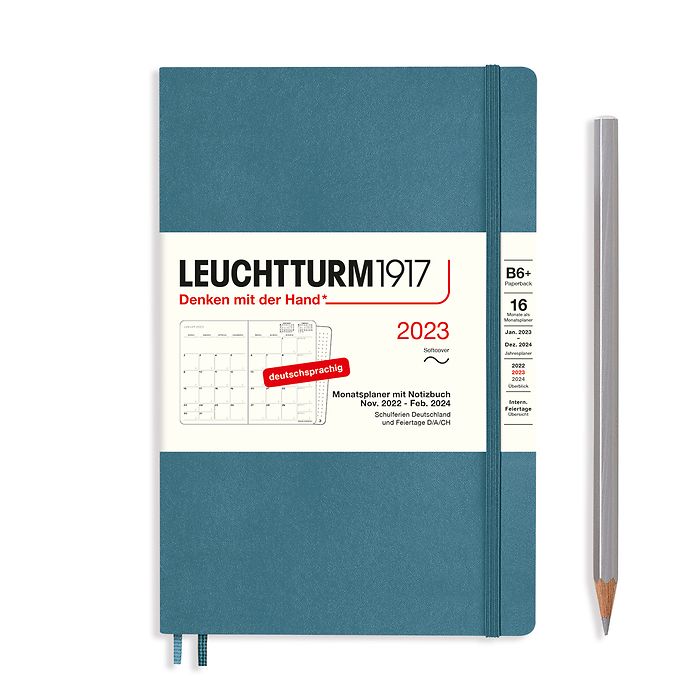 Monthly Planner & Notebook Paperback (B6+) 2023, 16 Months,  Softcover, Stone Blue, German