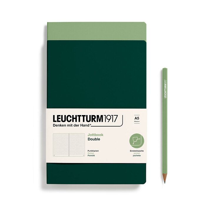 Jottbook (A5), 59 numbered pages, dotted, Sage and Forest Green, Pack of 2