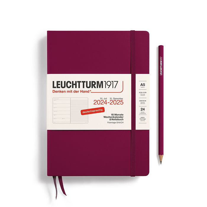 Weekly Planner & Notebook Medium (A5) 2025, 18 Months, Port  Red, German