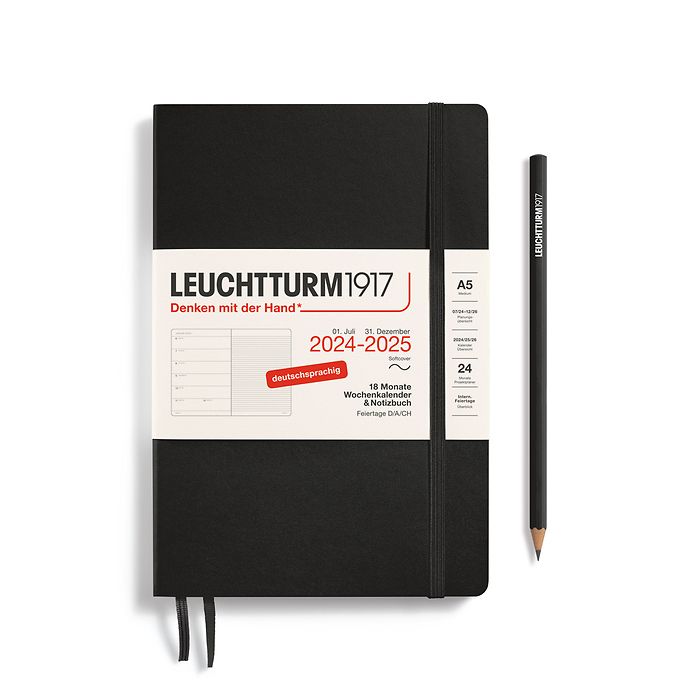 Weekly Pl. & Notebook Medium (A5) 2025, 18 Months, Softcover, Black, German