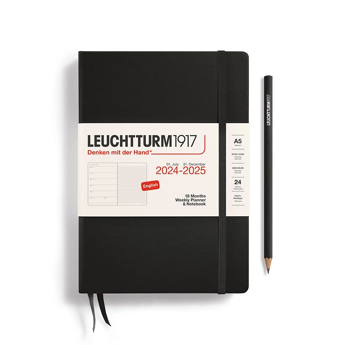 Weekly Planner & Notebook Medium (A5) 2025, 18 Months, Black, English