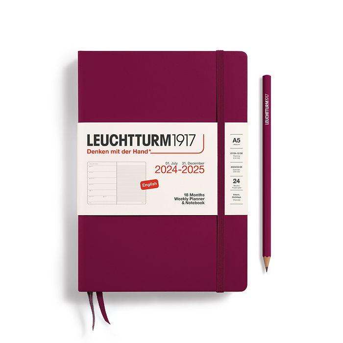 Weekly Planner & Notebook Medium (A5) 2025, 18 Months, Port  Red, English